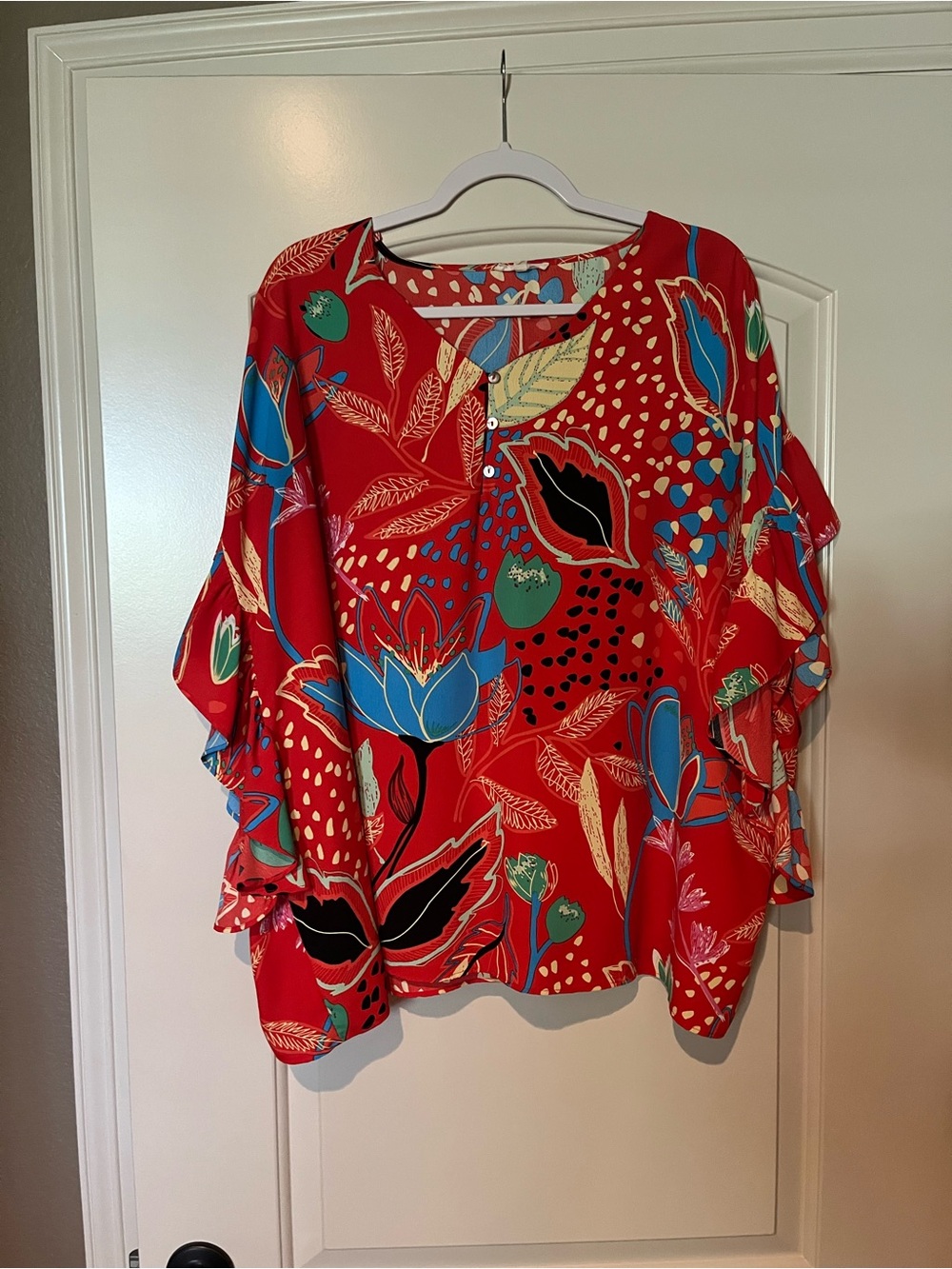 easel Red Floral V-Neck Tunic with Blue & Green Accents
